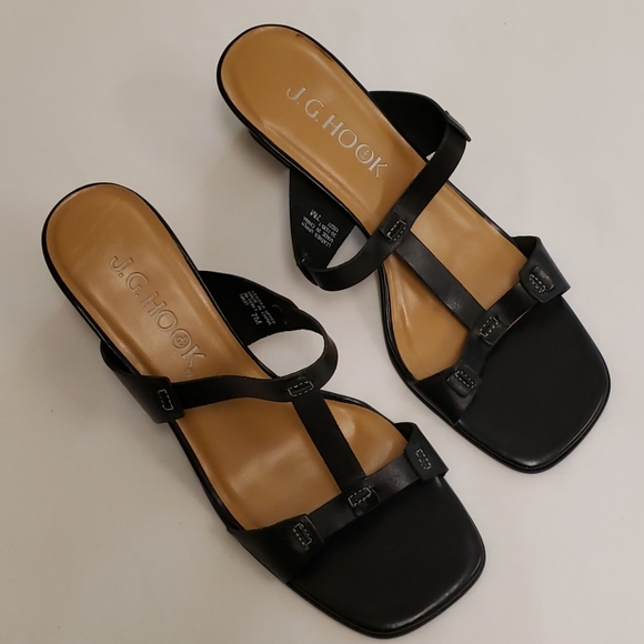 J.G. Hook Sandals Slide on Leather Square Heeled Black 7 - Picture 1 of 11